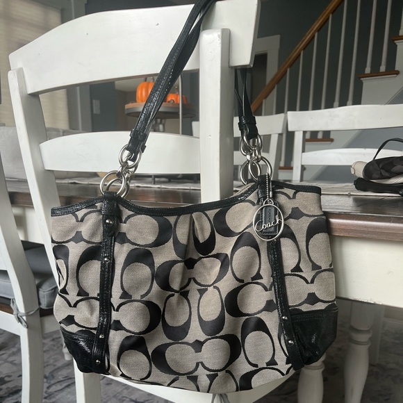 Coach Handbags - Coach Grey & Black Coach Logo Tote Bag